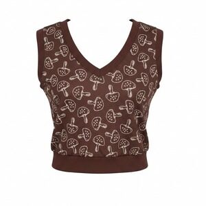 Mixed Threads Preppy Boho Brown Woodland Mushroom Print V Neck Vest NWT Small